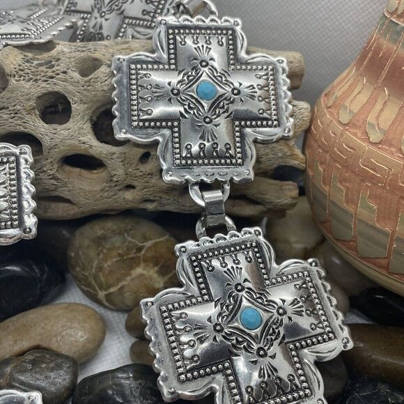 Womens Western Southwest Silver Cross Chain belt adjustable TO 40" Turquoise - Picture 2 of 7